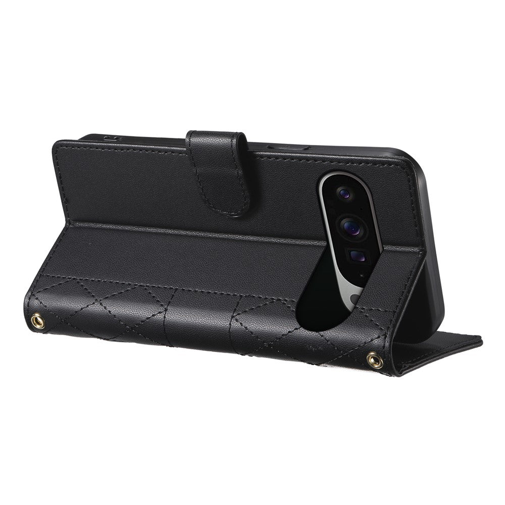 For Google Pixel 11 Pro XL Wallet Case Rhombus Stitching Stand Leather Phone Cover with Long   /   Short Strap