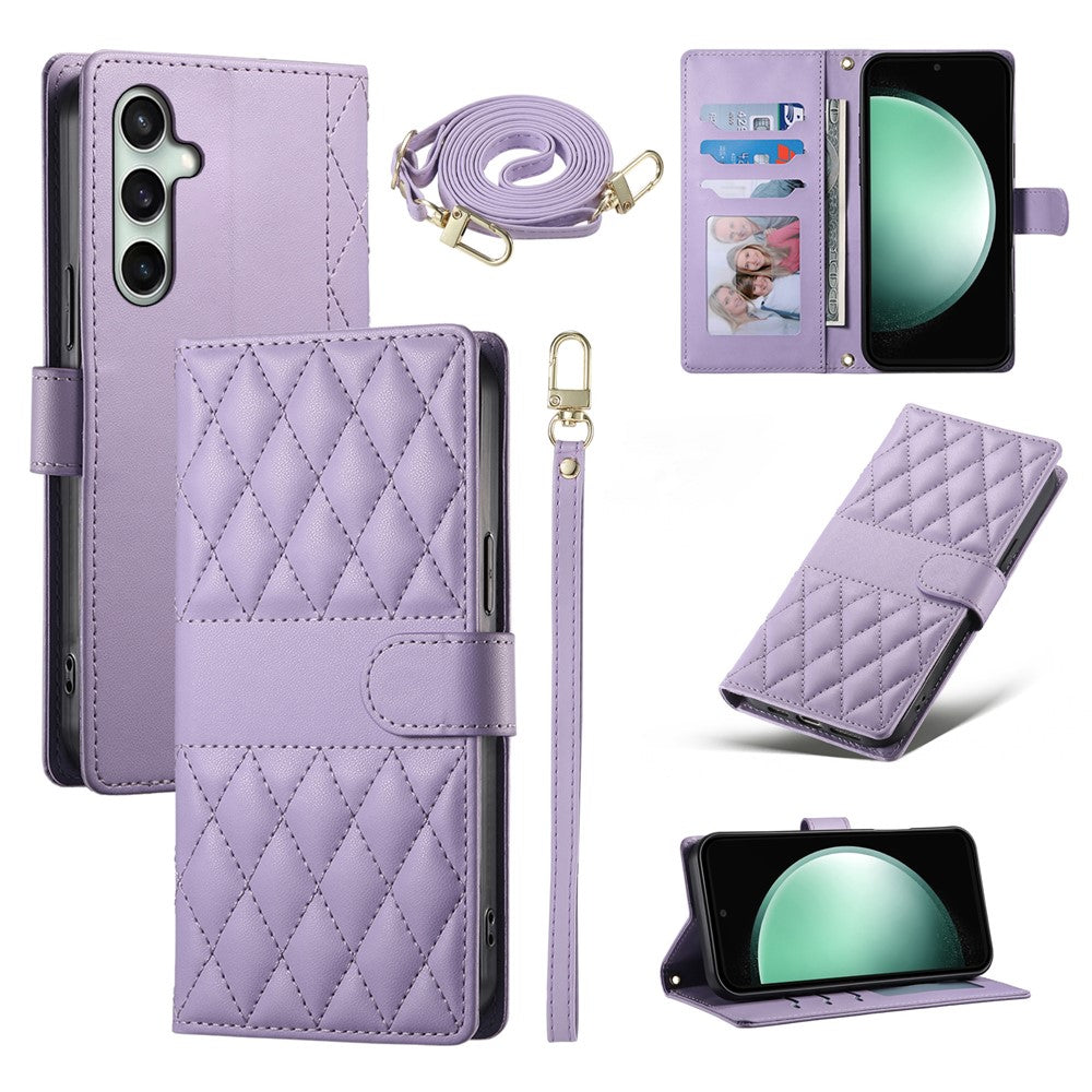 For Samsung Galaxy S26 FE Wallet Case Rhombus Stitching Stand Leather Phone Cover with Long   /   Short Strap