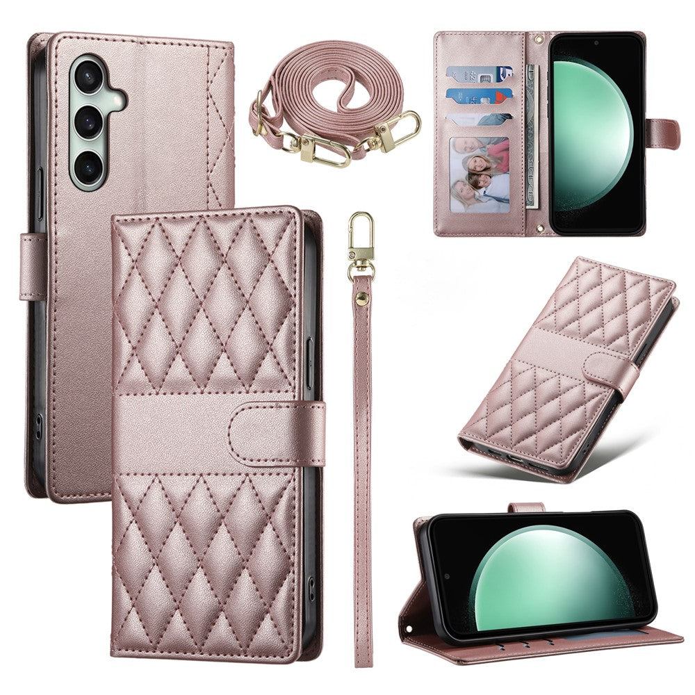For Samsung Galaxy S26 FE Wallet Case Rhombus Stitching Stand Leather Phone Cover with Long   /   Short Strap