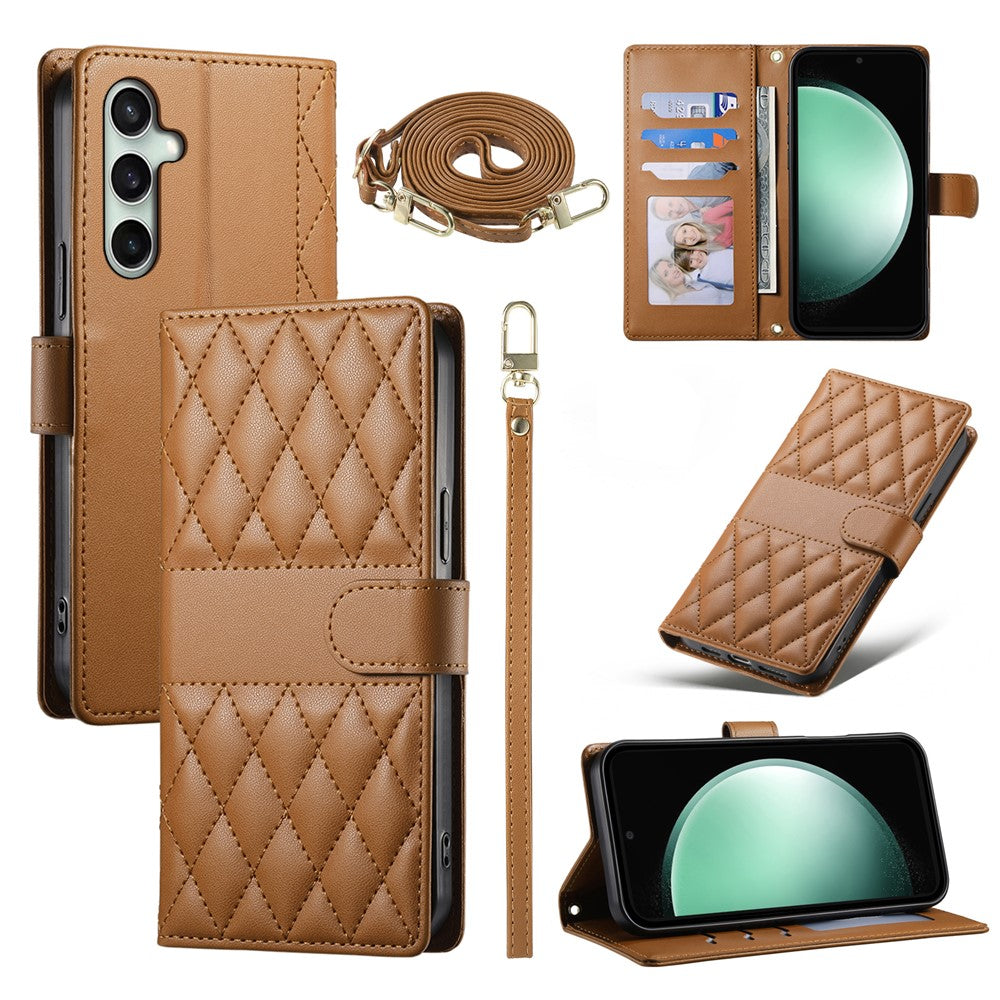 For Samsung Galaxy S26 FE Wallet Case Rhombus Stitching Stand Leather Phone Cover with Long   /   Short Strap