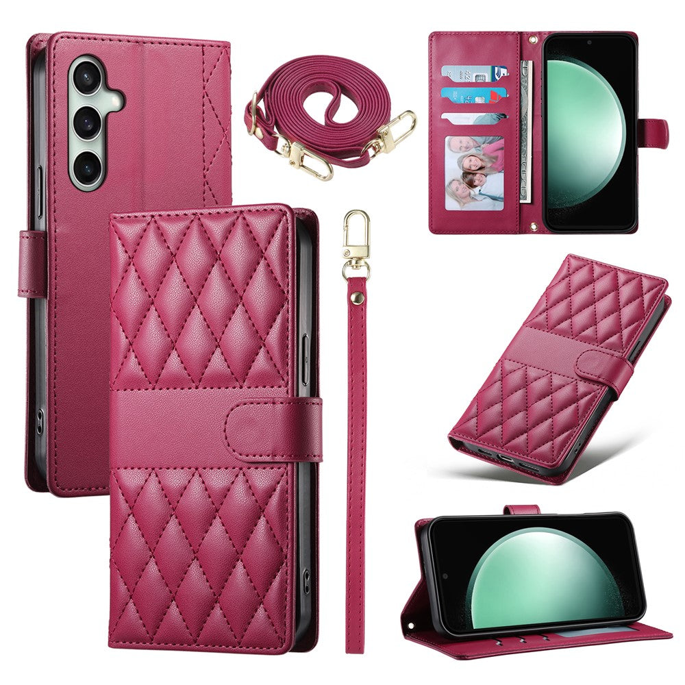 For Samsung Galaxy S26 FE Wallet Case Rhombus Stitching Stand Leather Phone Cover with Long   /   Short Strap