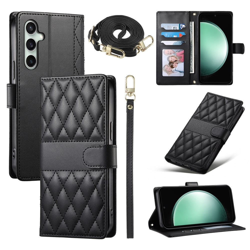 For Samsung Galaxy S26 FE Wallet Case Rhombus Stitching Stand Leather Phone Cover with Long   /   Short Strap