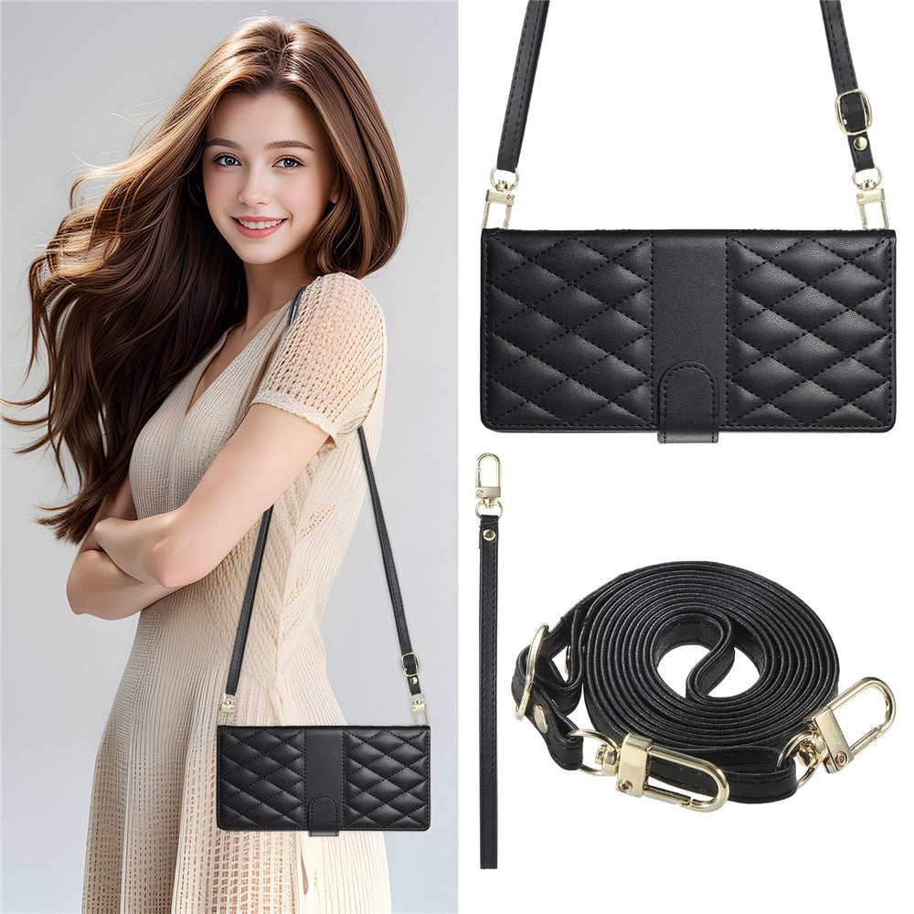 For Samsung Galaxy S26 FE Wallet Case Rhombus Stitching Stand Leather Phone Cover with Long   /   Short Strap