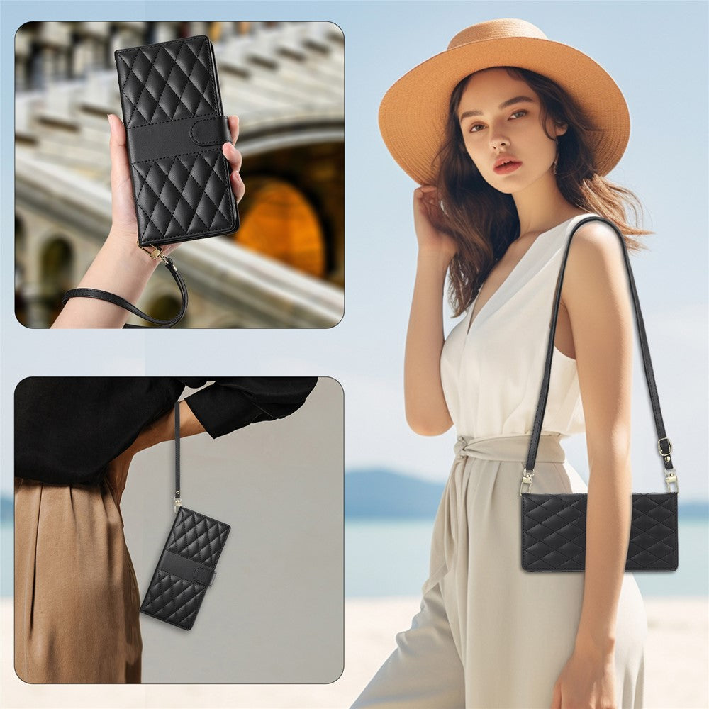 For Samsung Galaxy S26 FE Wallet Case Rhombus Stitching Stand Leather Phone Cover with Long   /   Short Strap