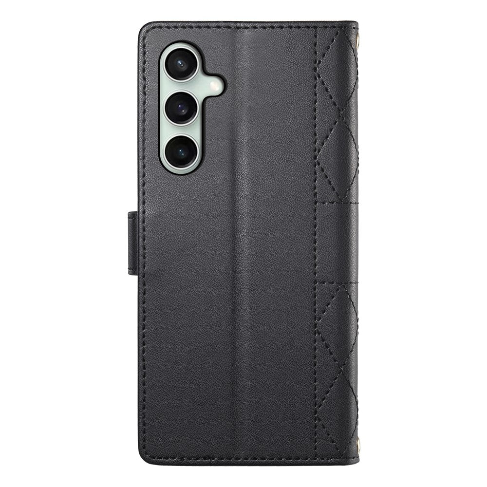For Samsung Galaxy S26 FE Wallet Case Rhombus Stitching Stand Leather Phone Cover with Long   /   Short Strap