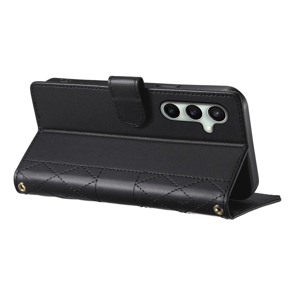 For Samsung Galaxy S26 FE Wallet Case Rhombus Stitching Stand Leather Phone Cover with Long   /   Short Strap