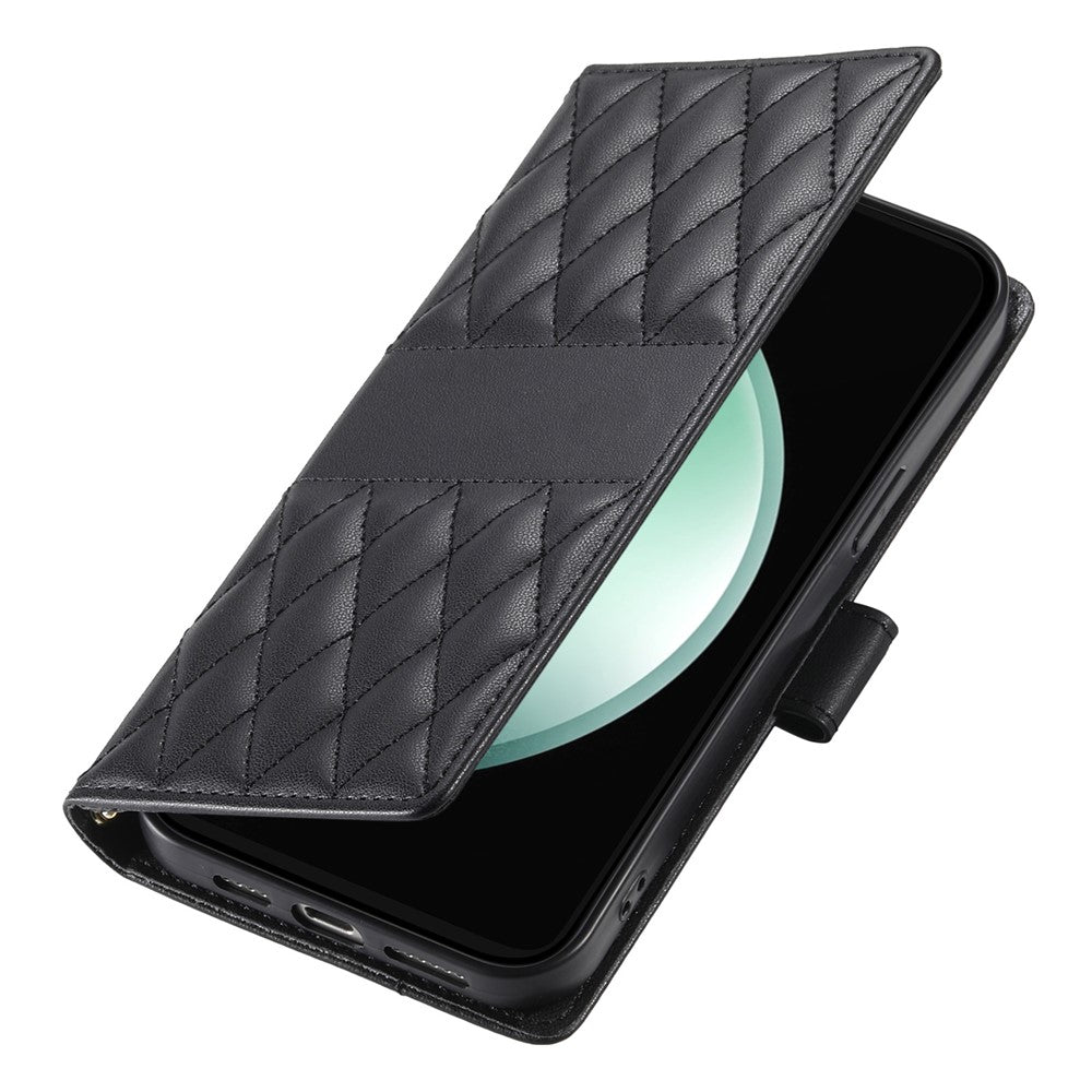 For Samsung Galaxy S26 FE Wallet Case Rhombus Stitching Stand Leather Phone Cover with Long   /   Short Strap