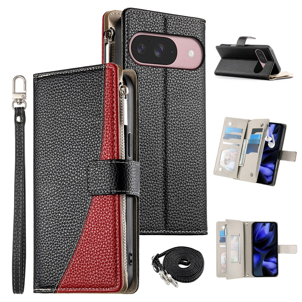 For Google Pixel 11 / Pixel 11 Pro Leather Case Zipper Wallet Color Splicing Flip Phone Cover with Straps