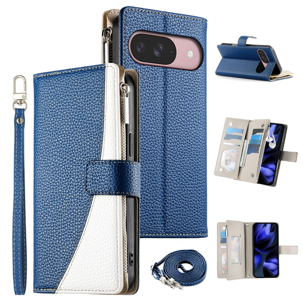 For Google Pixel 11 / Pixel 11 Pro Leather Case Zipper Wallet Color Splicing Flip Phone Cover with Straps