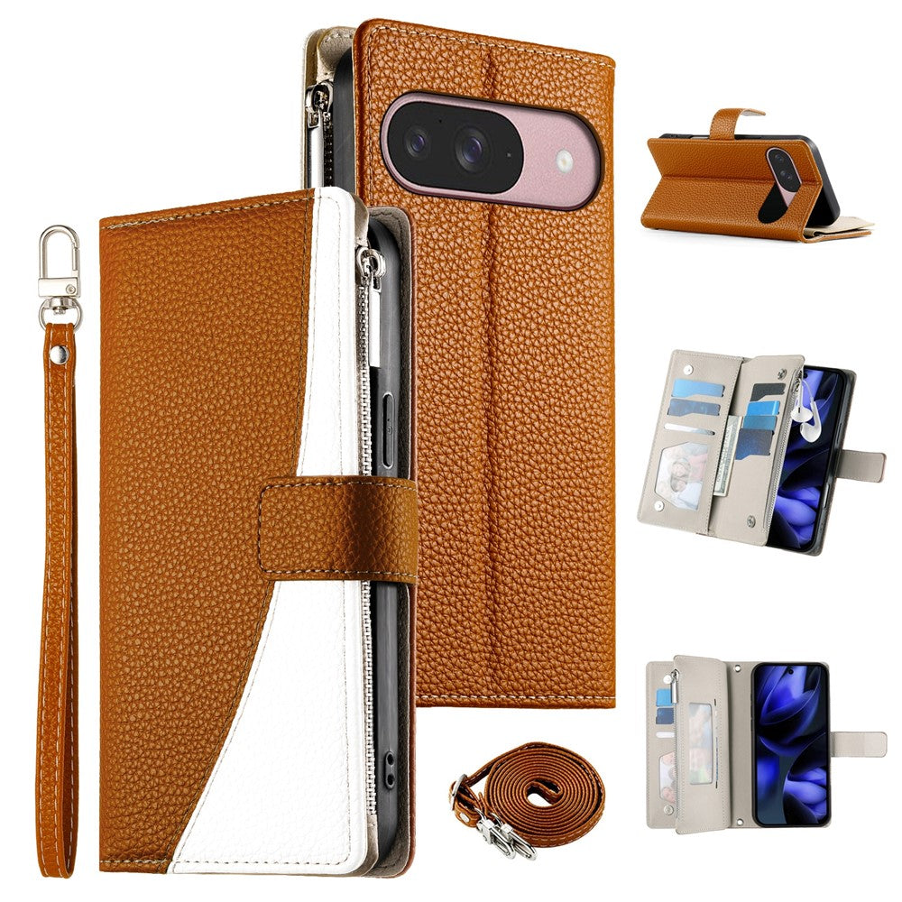 For Google Pixel 11 / Pixel 11 Pro Leather Case Zipper Wallet Color Splicing Flip Phone Cover with Straps
