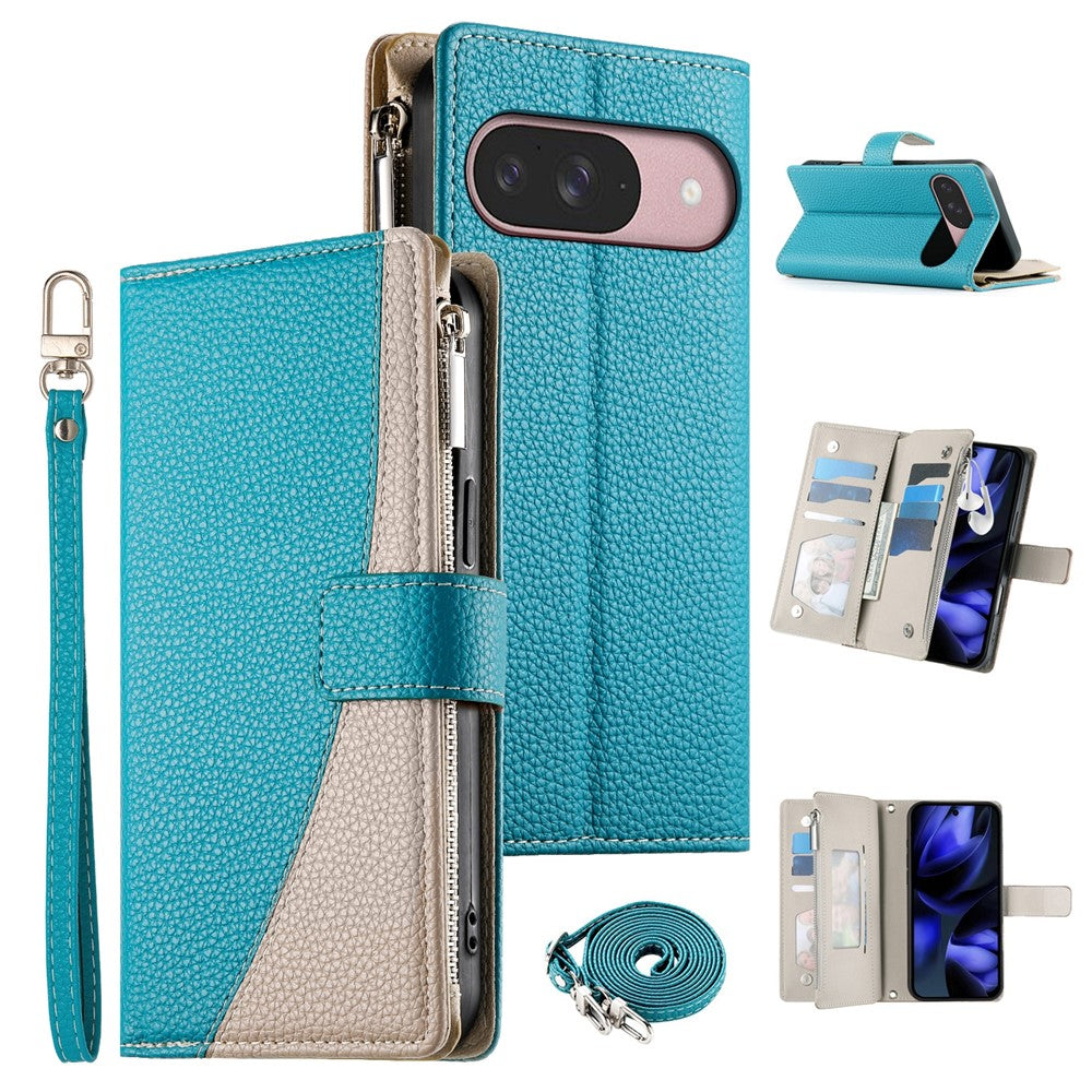 For Google Pixel 11 / Pixel 11 Pro Leather Case Zipper Wallet Color Splicing Flip Phone Cover with Straps