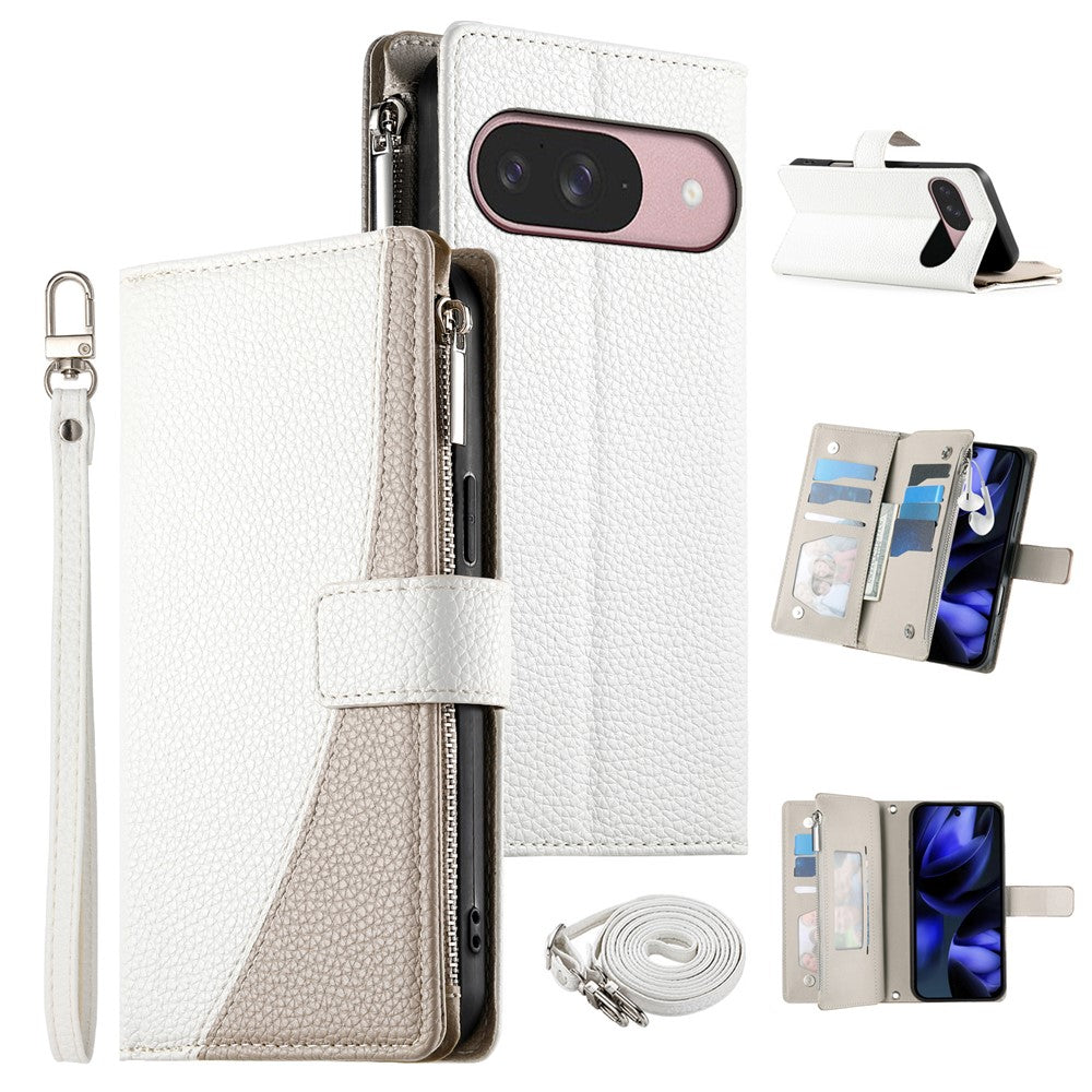 For Google Pixel 11 / Pixel 11 Pro Leather Case Zipper Wallet Color Splicing Flip Phone Cover with Straps