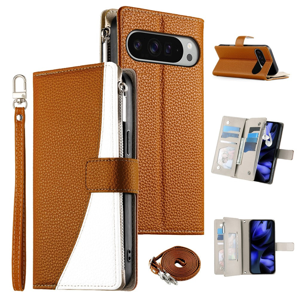 For Google Pixel 11 Pro XL Leather Case Zipper Wallet Color Splicing Flip Phone Cover with Straps