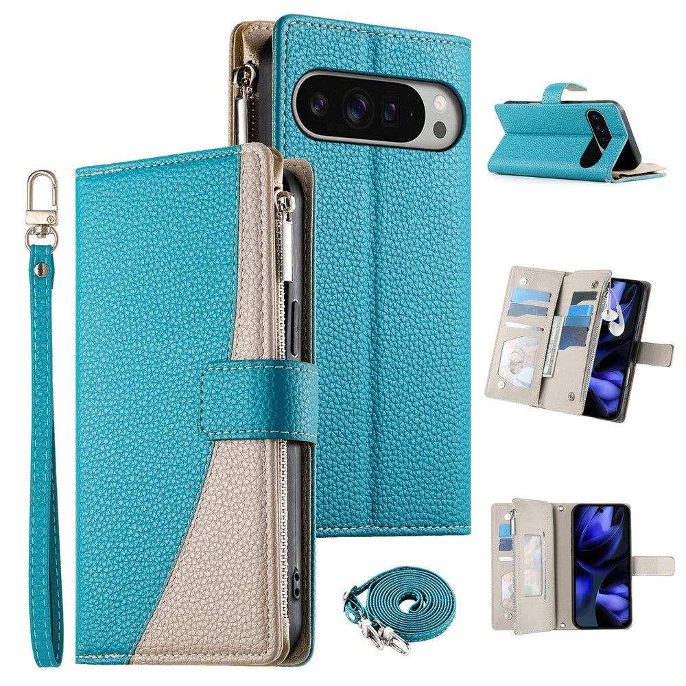For Google Pixel 11 Pro XL Leather Case Zipper Wallet Color Splicing Flip Phone Cover with Straps