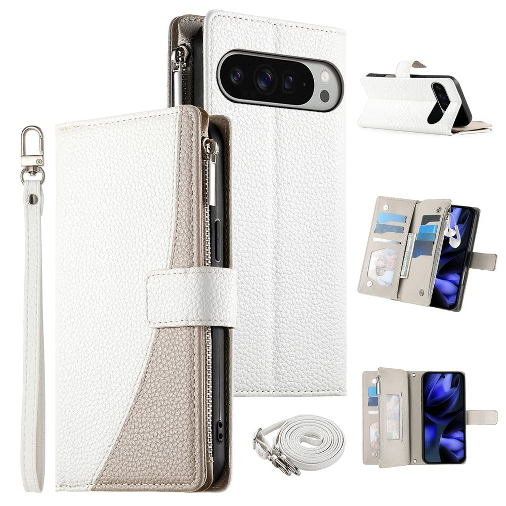 For Google Pixel 11 Pro XL Leather Case Zipper Wallet Color Splicing Flip Phone Cover with Straps