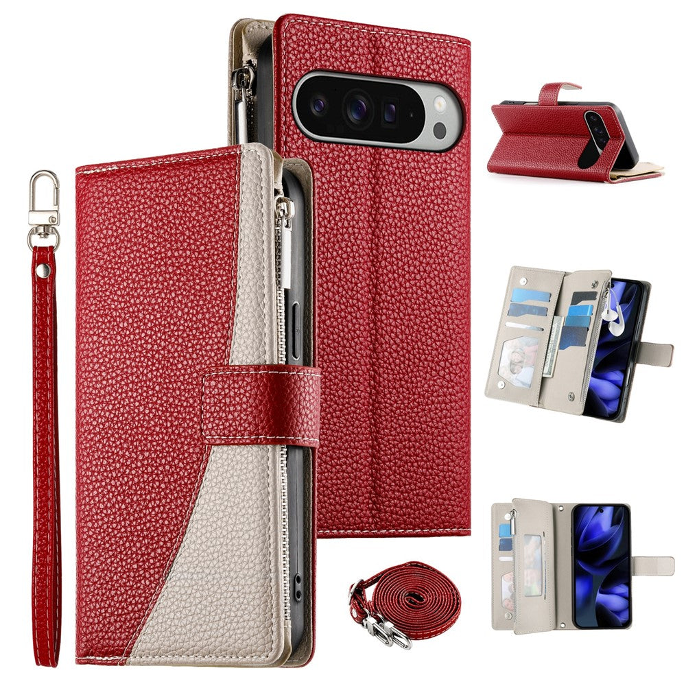 For Google Pixel 11 Pro XL Leather Case Zipper Wallet Color Splicing Flip Phone Cover with Straps