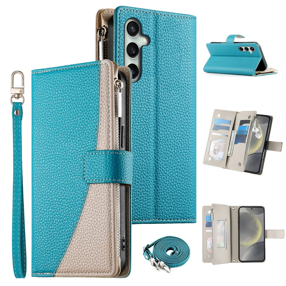 For Samsung Galaxy S26 FE Leather Case Zipper Wallet Color Splicing Flip Phone Cover with Straps