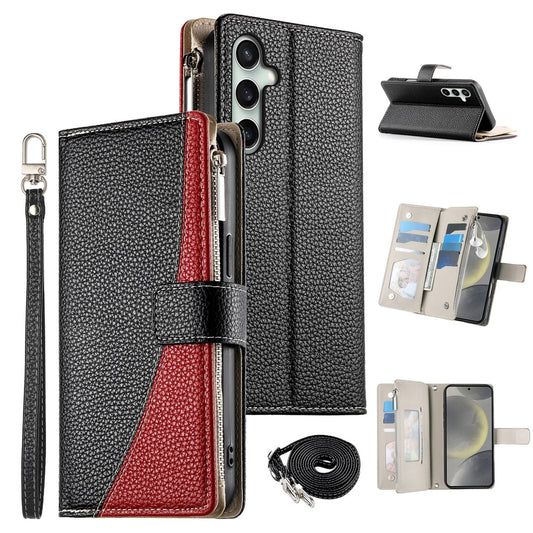 Galaxy S26 FE Handyhülle – Ledertasche, Reißverschluss, Brieftasche, Farbspleißung, Flip- mit Riemen