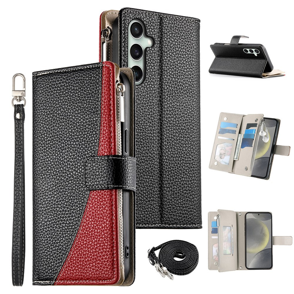 For Samsung Galaxy S26 FE Leather Case Zipper Wallet Color Splicing Flip Phone Cover with Straps