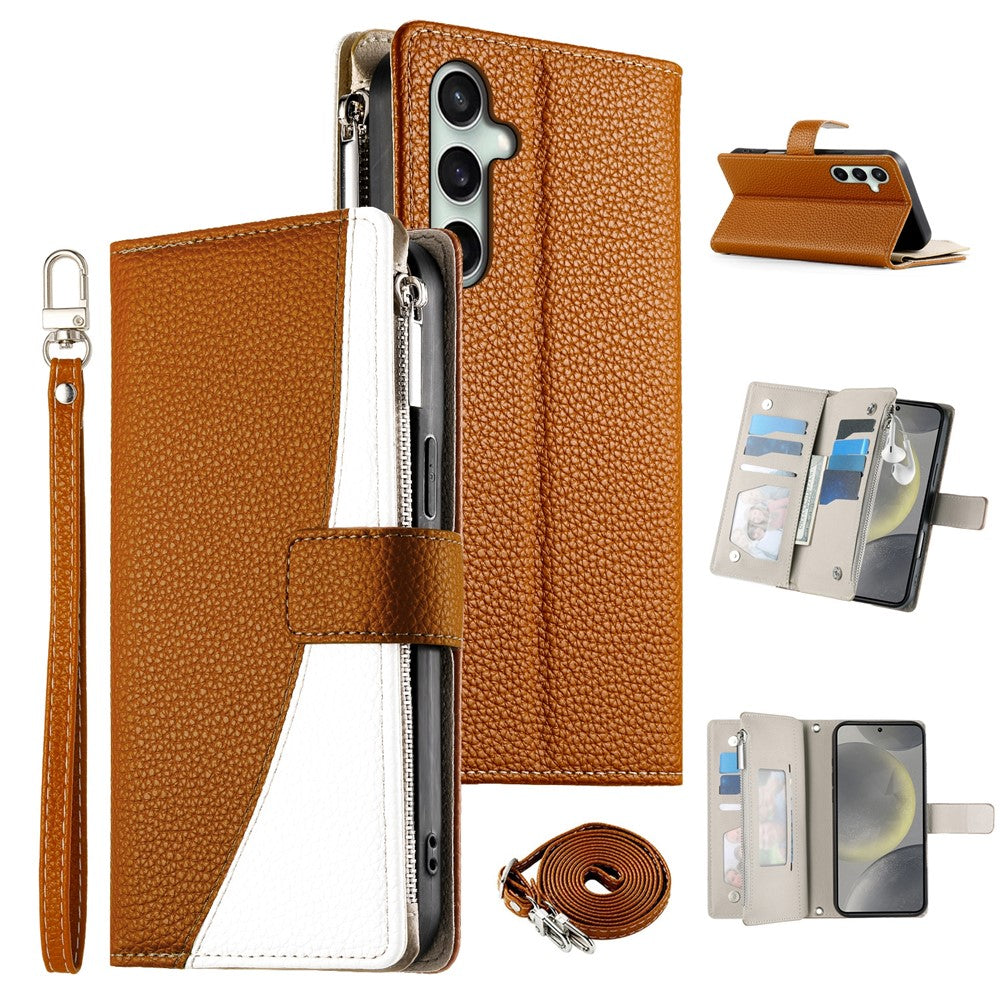 For Samsung Galaxy S26 FE Leather Case Zipper Wallet Color Splicing Flip Phone Cover with Straps