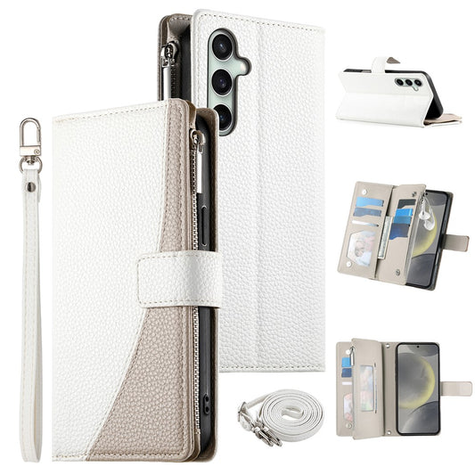 Galaxy S26 FE Handyhülle – Ledertasche, Reißverschluss, Brieftasche, Farbspleißung, Flip- mit Riemen