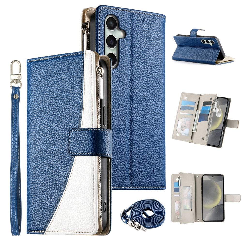 For Samsung Galaxy S26 FE Leather Case Zipper Wallet Color Splicing Flip Phone Cover with Straps
