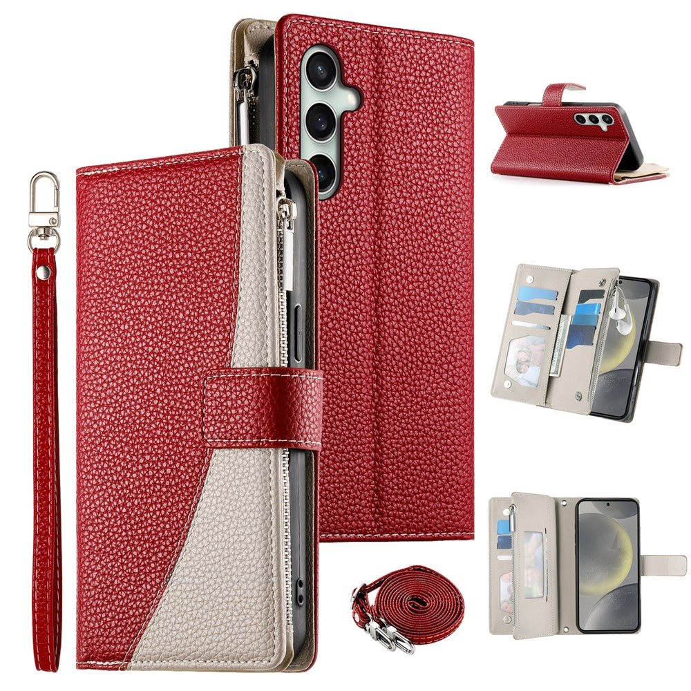 For Samsung Galaxy S26 FE Leather Case Zipper Wallet Color Splicing Flip Phone Cover with Straps