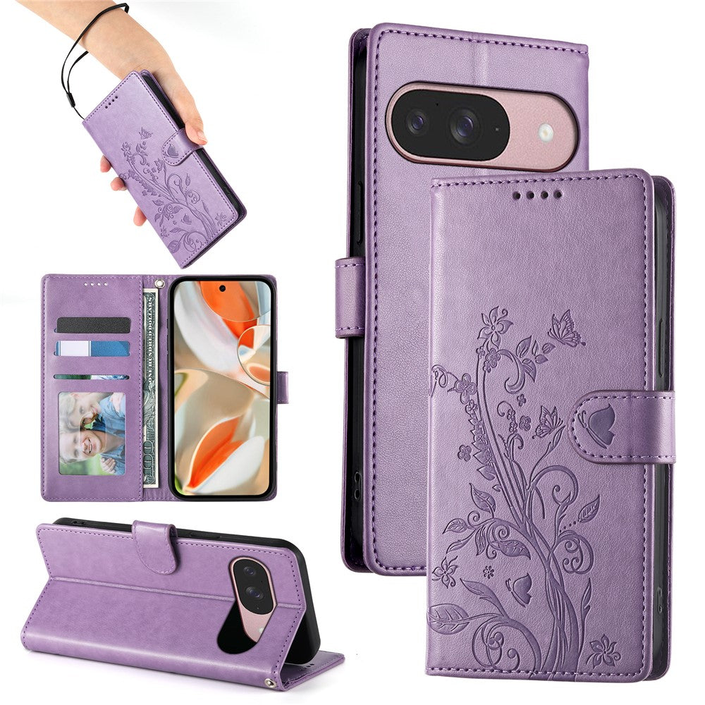 For Google Pixel 11 / Pixel 11 Pro Wallet Case Butterfly Floral Imprint PU Leather Phone Cover with Wrist Strap