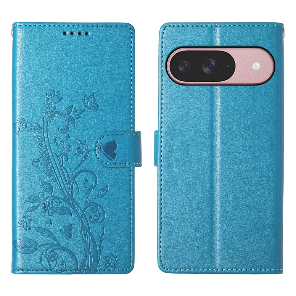 For Google Pixel 11 / Pixel 11 Pro Wallet Case Butterfly Floral Imprint PU Leather Phone Cover with Wrist Strap