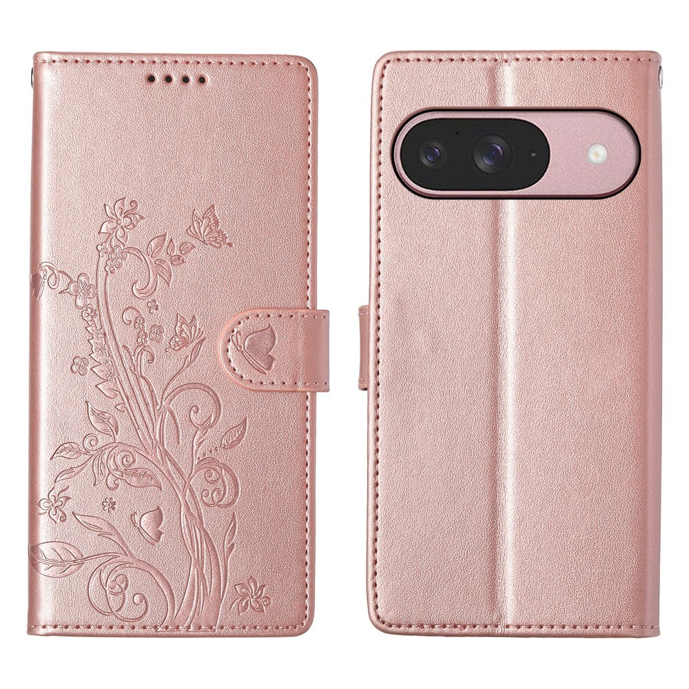 For Google Pixel 11 / Pixel 11 Pro Wallet Case Butterfly Floral Imprint PU Leather Phone Cover with Wrist Strap