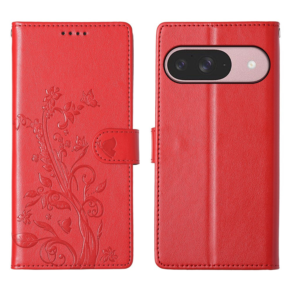 For Google Pixel 11 / Pixel 11 Pro Wallet Case Butterfly Floral Imprint PU Leather Phone Cover with Wrist Strap