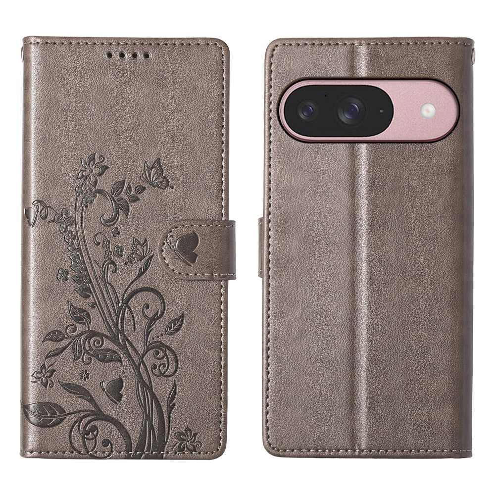 For Google Pixel 11 / Pixel 11 Pro Wallet Case Butterfly Floral Imprint PU Leather Phone Cover with Wrist Strap