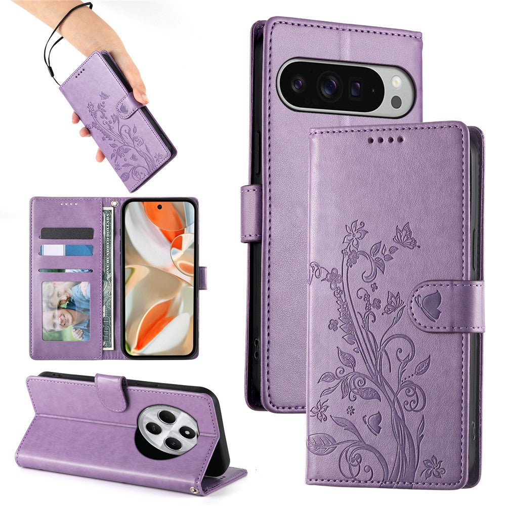 For Google Pixel 11 Pro XL Wallet Case Butterfly Floral Imprint PU Leather Phone Cover with Wrist Strap