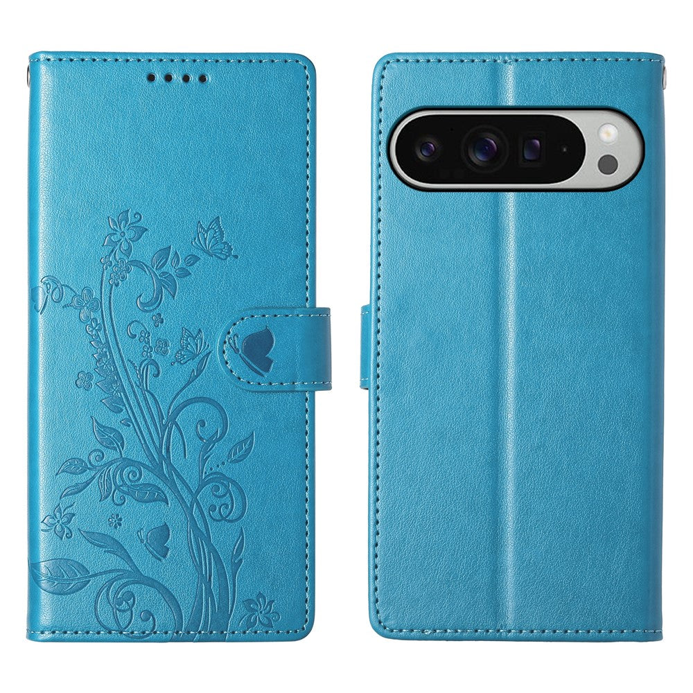 For Google Pixel 11 Pro XL Wallet Case Butterfly Floral Imprint PU Leather Phone Cover with Wrist Strap