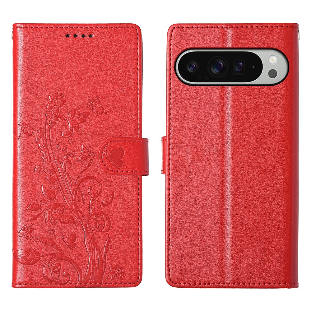 For Google Pixel 11 Pro XL Wallet Case Butterfly Floral Imprint PU Leather Phone Cover with Wrist Strap