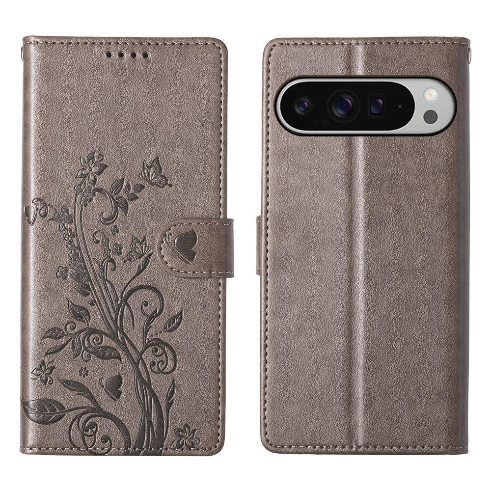 For Google Pixel 11 Pro XL Wallet Case Butterfly Floral Imprint PU Leather Phone Cover with Wrist Strap
