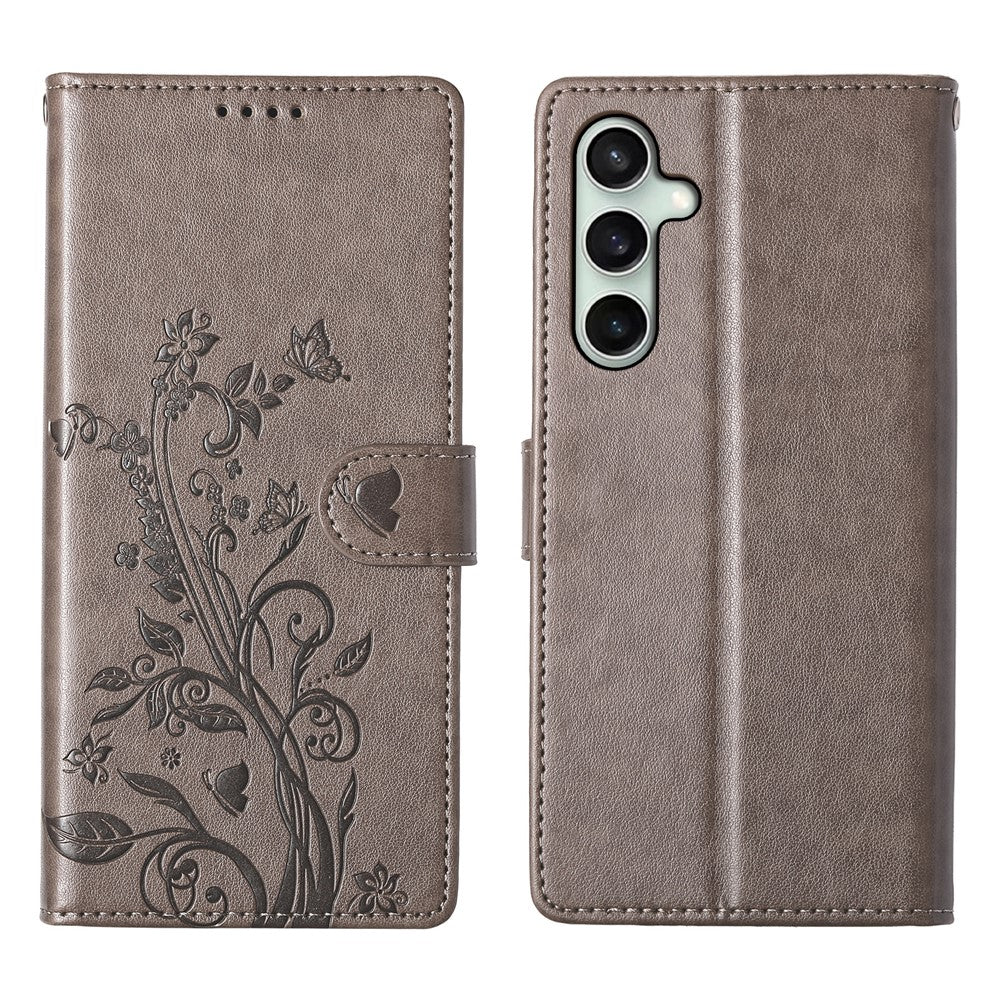 For Samsung Galaxy S26 FE Wallet Case Butterfly Floral Imprint PU Leather Phone Cover with Wrist Strap