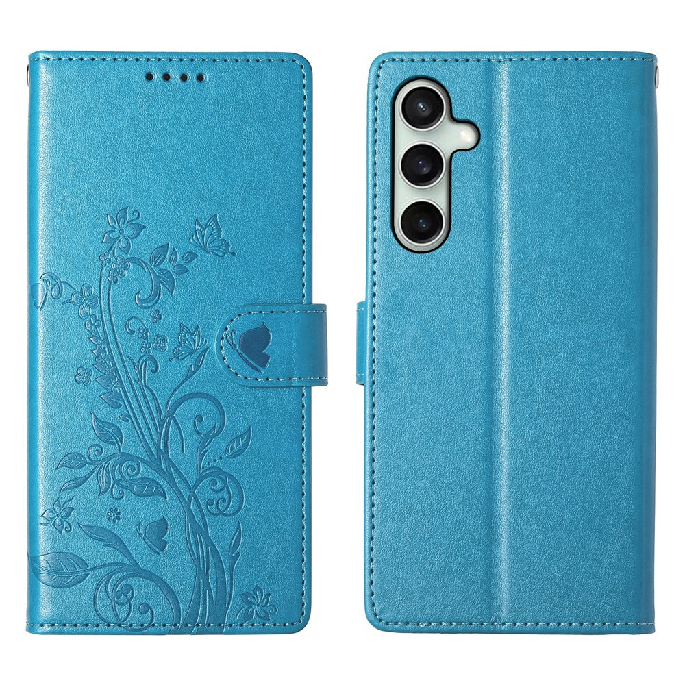 For Samsung Galaxy S26 FE Wallet Case Butterfly Floral Imprint PU Leather Phone Cover with Wrist Strap
