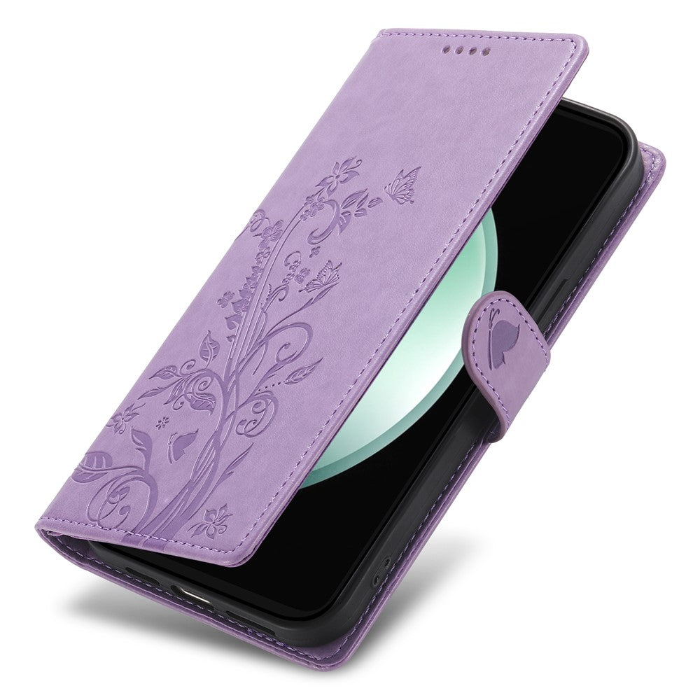 For Samsung Galaxy S26 FE Wallet Case Butterfly Floral Imprint PU Leather Phone Cover with Wrist Strap