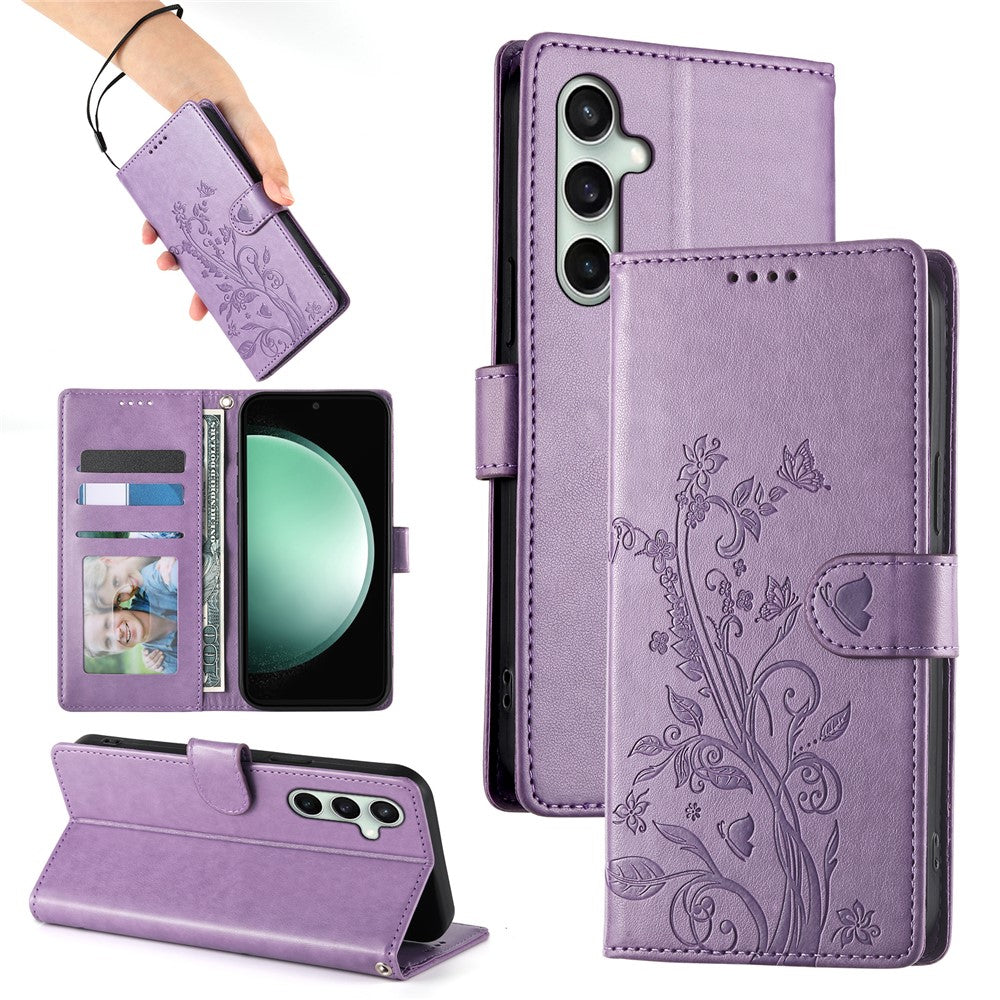 For Samsung Galaxy S26 FE Wallet Case Butterfly Floral Imprint PU Leather Phone Cover with Wrist Strap