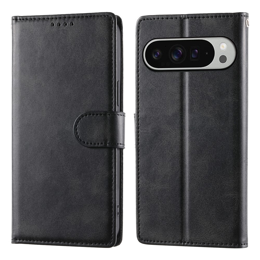 For Google Pixel 11 Pro XL Case Stand Wallet Calf Texture PU Leather Flip Phone Cover with Wrist Strap