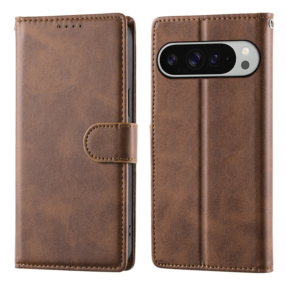 For Google Pixel 11 Pro XL Case Stand Wallet Calf Texture PU Leather Flip Phone Cover with Wrist Strap