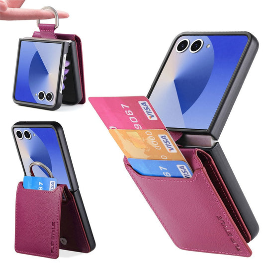 Galaxy Z Flip8 – Handyhülle aus PC und PU-Leder, mit Ständer, mit Kartenfach, mit Ringhalter