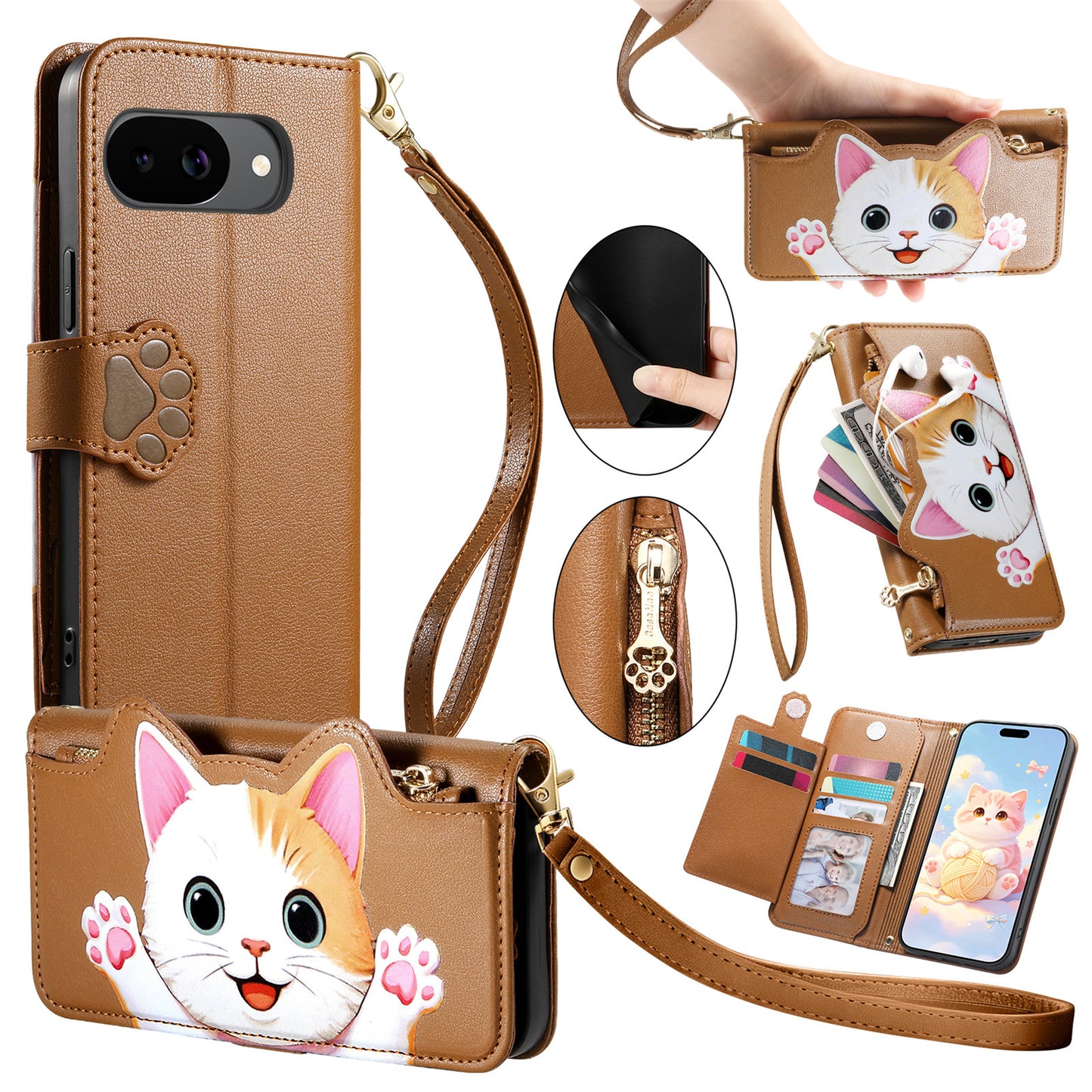 For Google Pixel 10a Case Cute Cat Pattern PU Leather Wallet Phone Cover with Wrist Strap