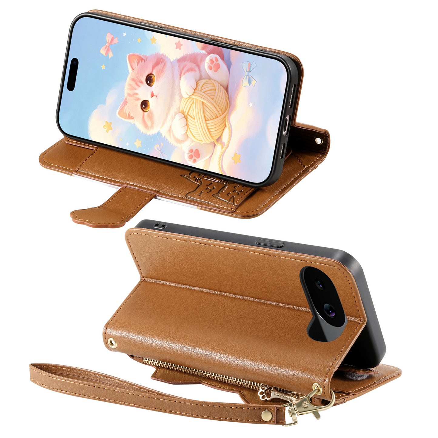 For Google Pixel 10a Case Cute Cat Pattern PU Leather Wallet Phone Cover with Wrist Strap