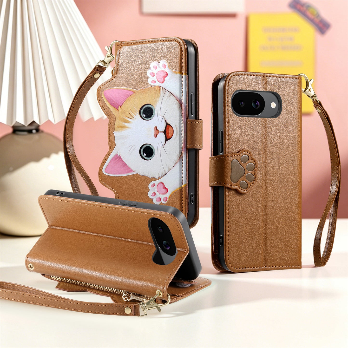 For Google Pixel 10a Case Cute Cat Pattern PU Leather Wallet Phone Cover with Wrist Strap