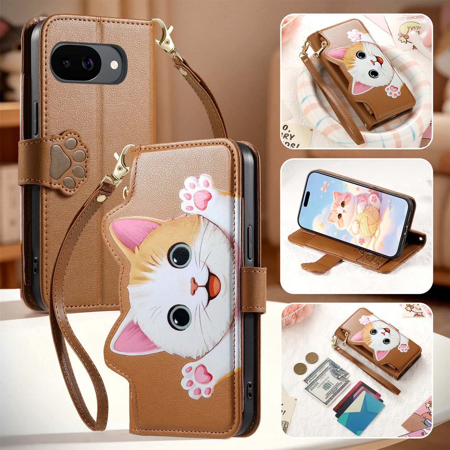 For Google Pixel 10a Case Cute Cat Pattern PU Leather Wallet Phone Cover with Wrist Strap