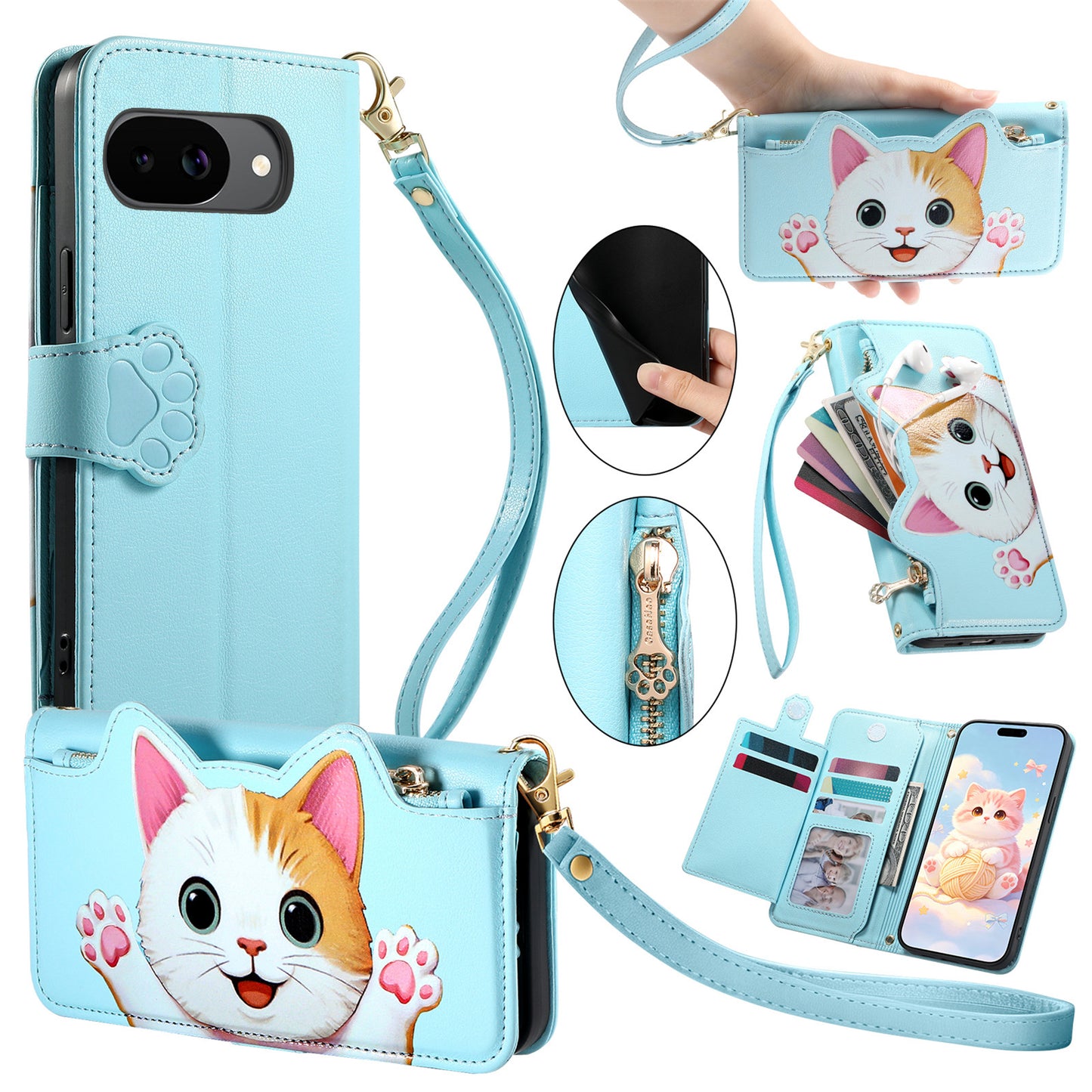 For Google Pixel 10a Case Cute Cat Pattern PU Leather Wallet Phone Cover with Wrist Strap