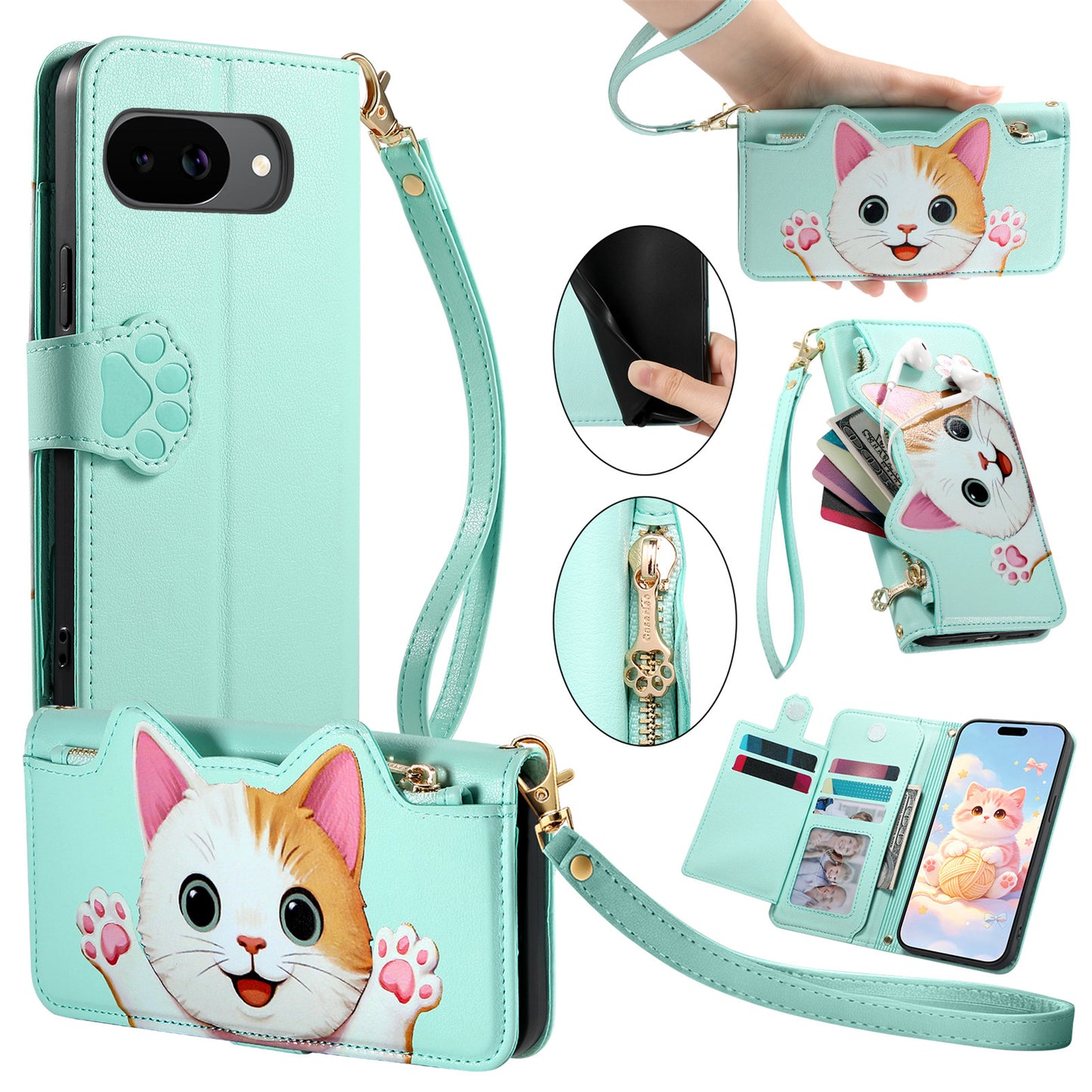 For Google Pixel 10a Case Cute Cat Pattern PU Leather Wallet Phone Cover with Wrist Strap
