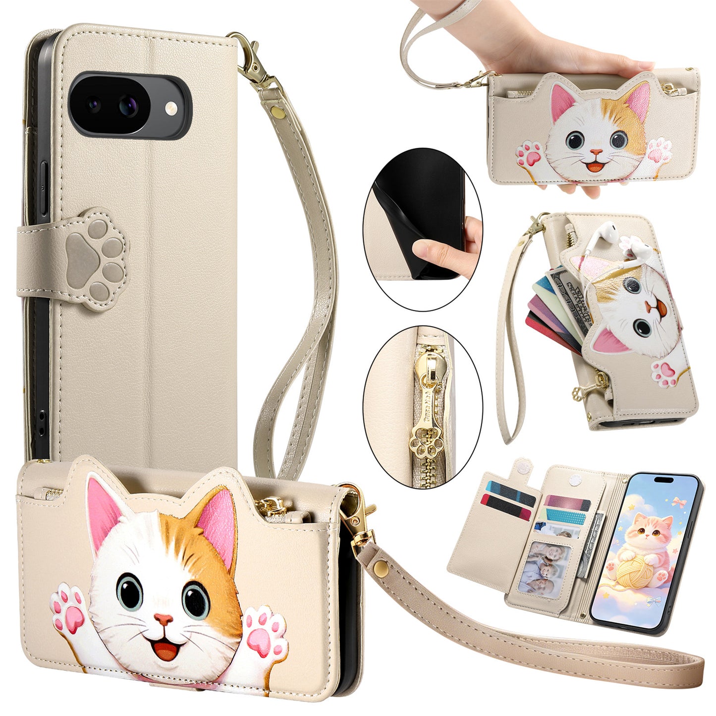 For Google Pixel 10a Case Cute Cat Pattern PU Leather Wallet Phone Cover with Wrist Strap